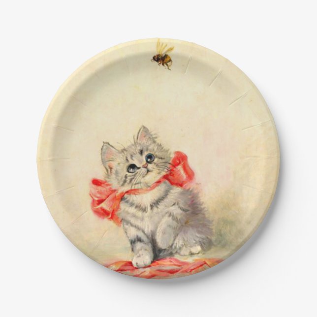 Plato De Papel Gatito con cinta roja (Anverso)