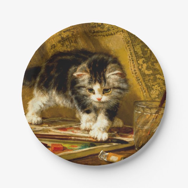 Plato De Papel Gatito con pintura y brochas (Anverso)
