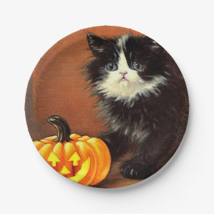 Plato De Papel Gatito de Halloween blanco y negro vintage