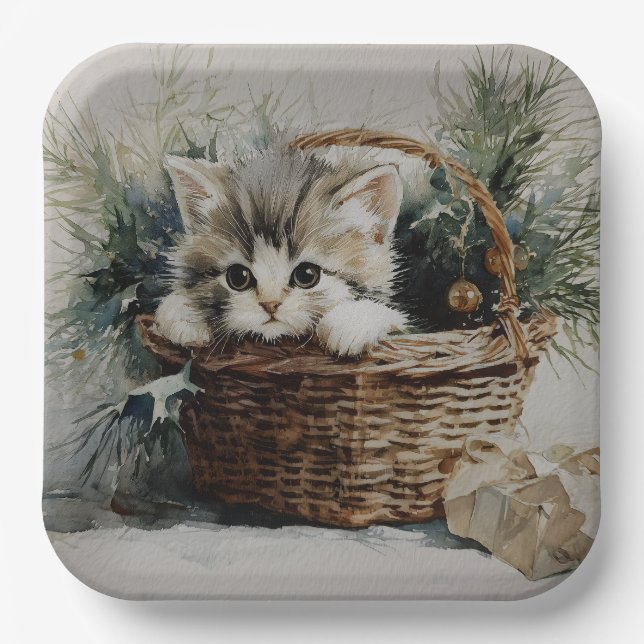 Plato De Papel Gatito de Navidad (Anverso)