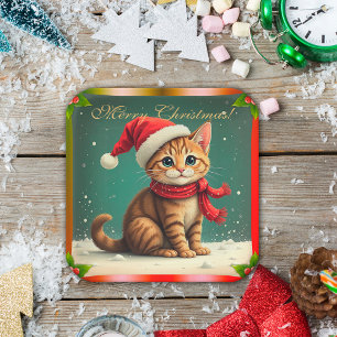 Plato De Papel Gatito de Navidad Vintage Feliz Navidad