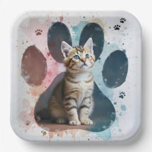 Plato De Papel Gatito de tabla en una imagen de color de agua