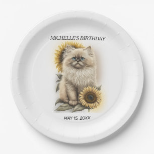 Plato De Papel Gatito Himalaya Gatos Girasoles Cumpleaños Nombre