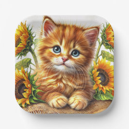 Plato De Papel Gatito Naranja Adorable Entre Girasoles