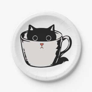 Plato De Papel Gatito negro con nariz roja escondido en una taza