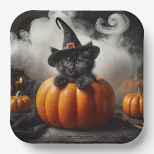 Plato De Papel Gatito Negro De Halloween En Calabaza