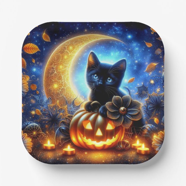 Plato De Papel Gatito negro, jack-o-lantern y luna (Anverso)