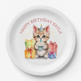 Plato De Papel Gatito personalizado lindo en Gorra de cumpleaños