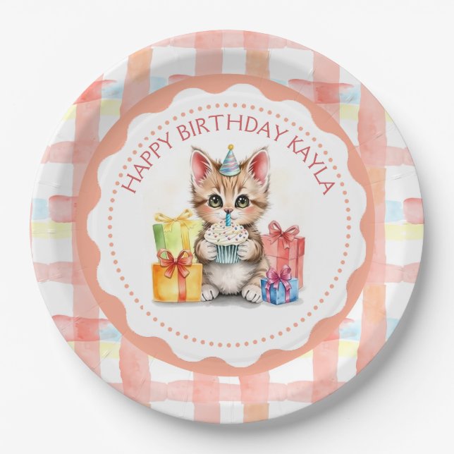 Plato De Papel Gatito personalizado lindo en Gorra de cumpleaños (Anverso)