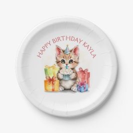 Plato De Papel Gatito personalizado lindo en Gorra de cumpleaños