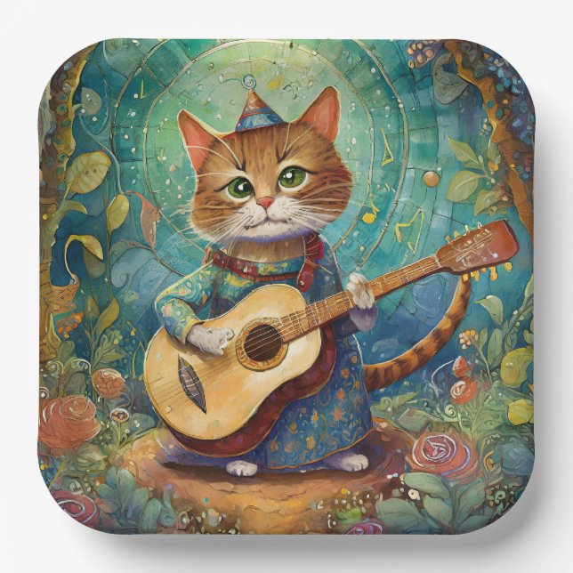 Plato De Papel Gatito tocando la guitarra (Anverso)