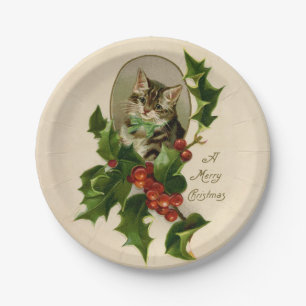 Plato De Papel Gatito Victoriano de Navidad en Tabby Antiguo de A