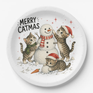 Plato De Papel Gatitos de Navidad Construyendo un Muñeco de Nieve