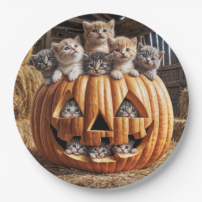 Plato De Papel Gatitos En Calabaza De Halloween (Anverso)