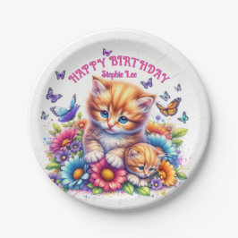 Plato De Papel Gatitos, mariposas y flores