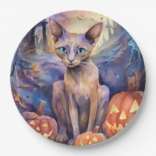 Plato De Papel Gato abisano de Halloween con calabazas aterradora