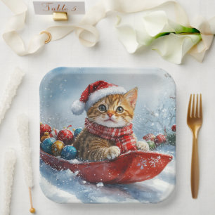 Plato De Papel Gato abisinio en trineo Deja que nieve Navidad
