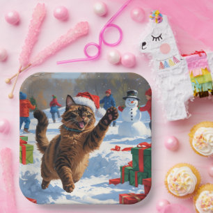 Plato De Papel Gato Abisinio Escena Navideña Festiva de Nieve