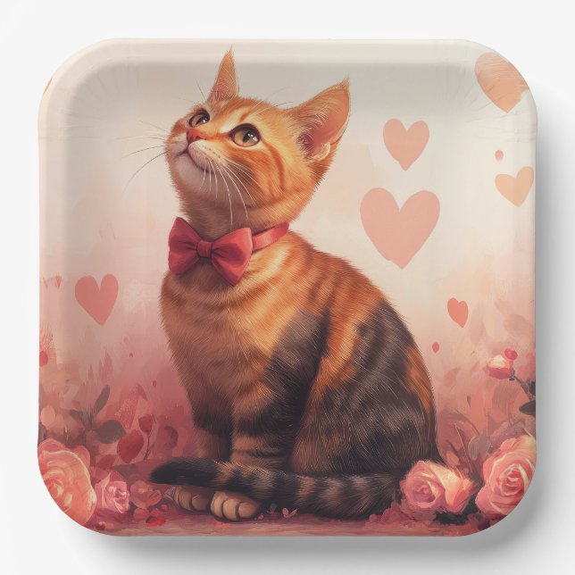 Plato De Papel Gato abisino con Rosas - El día de San Valentín (Anverso)