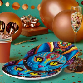 Plato De Papel Gato abstracto con ojos amarillos 