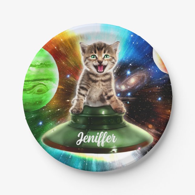 Plato De Papel Gato alienígena en el platillo de ufo (Anverso)