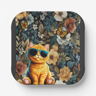 Plato De Papel Gato amarillo y mariposas en fondo floral