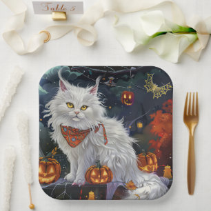 Plato De Papel Gato Angora Turco Halloween Espeluznante