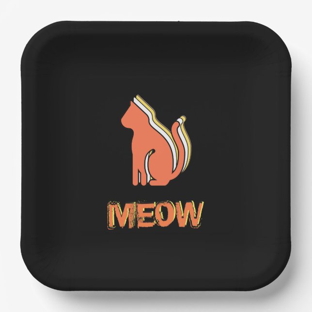 Plato De Papel Gato, animal Naranja y amarillo, arte pop abstract (Anverso)