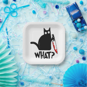 Plato De Papel Gato Asesino Con Cuchillo