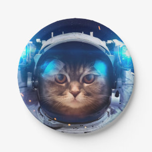 Plato De Papel Gato astronauta flota sobre la Tierra