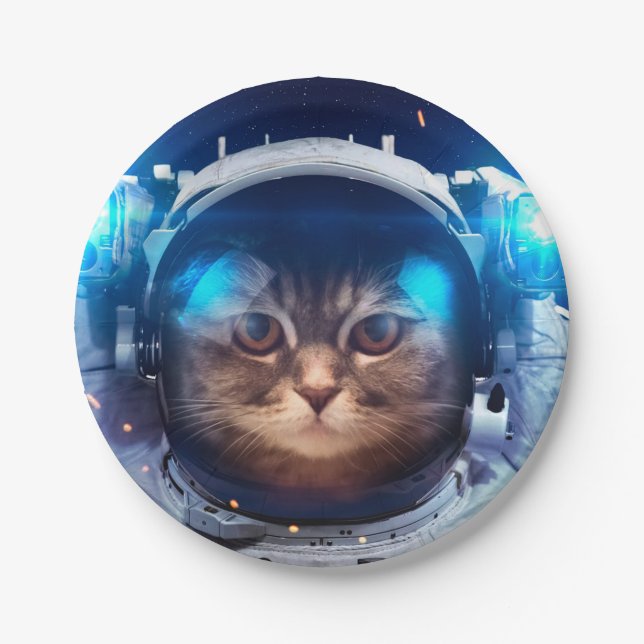 Plato De Papel Gato astronauta flota sobre la Tierra (Anverso)