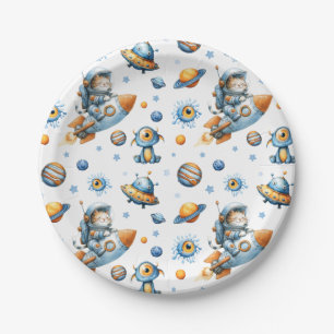 Plato De Papel Gato Astronauta Lindo Patrón del Espacio Exterior