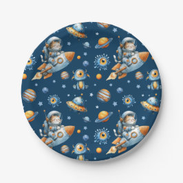 Plato De Papel Gato Astronauta Lindo Patrón Espacio Galaxia Azul 