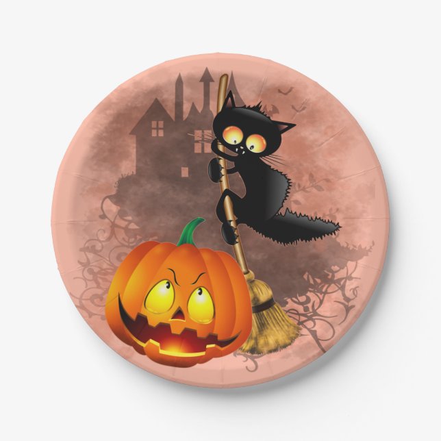 Plato De Papel Gato asustado por un personaje de Halloween divert (Anverso)