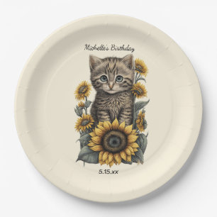 Plato De Papel Gato Atigrado Gris Gatito Girasoles Cumpleaños
