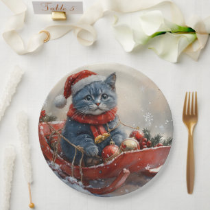 Plato De Papel Gato Azul Oriental en Trineo Deja que Nieve Navida