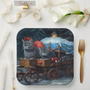 Plato De Papel Gato Azul Oriental Nieve Trineo Decoración Navidad