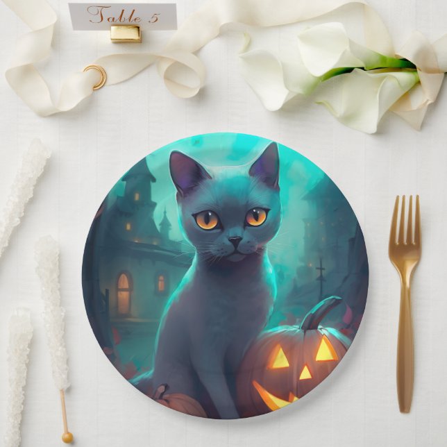 Plato De Papel Gato azul ruso de Halloween con calabazas aterrado (Boda)