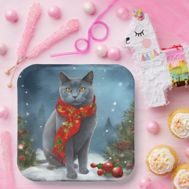 Plato De Papel Gato azul ruso en Navidades de nieve (Fiesta)