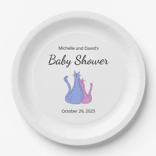 Plato De Papel Gato Baby Shower lindo gemelos azul rosado (Anverso)