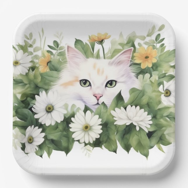 Plato De Papel Gato Blanco Acuarela En Daisies (Anverso)