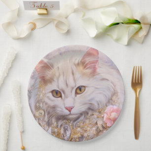 Plato De Papel Gato blanco elegante en oro y diamantes