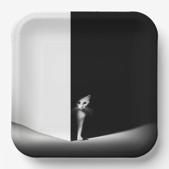 Plato De Papel Gato blanco en sombras negras (Anverso)