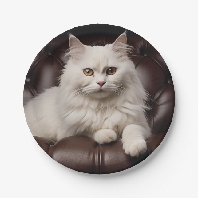 Plato De Papel Gato blanco majestuoso (Anverso)