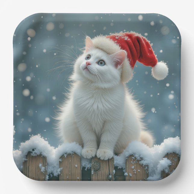 Plato De Papel Gato blanco navidad con sombrero de Santa (Anverso)