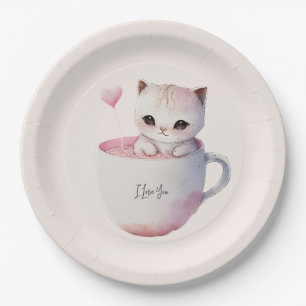 Plato De Papel Gato blanco-rosado en una taza de té (4)