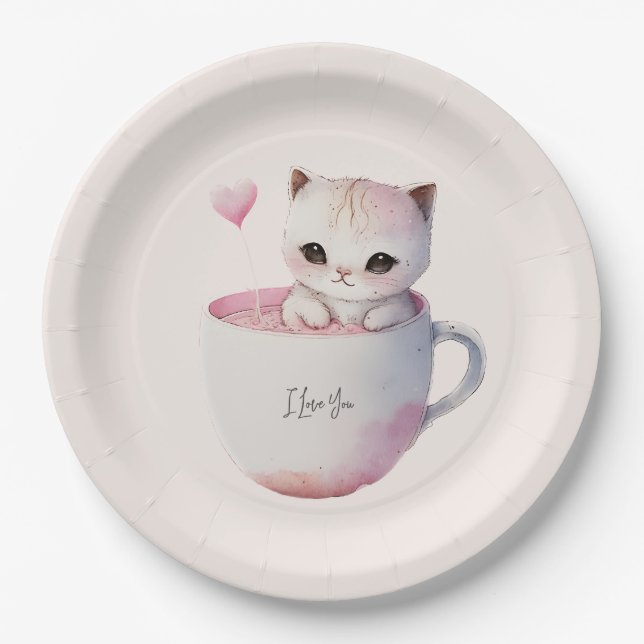 Plato De Papel Gato blanco-rosado en una taza de té (4) (Anverso)