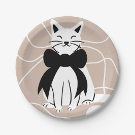 Plato De Papel Gato blanco y negro con línea abstracta