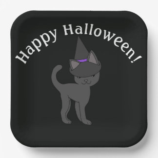 Plato De Papel Gato Bruja Feliz Halloween