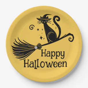 Plato De Papel Gato Bruja Negro en Escoba Halloween